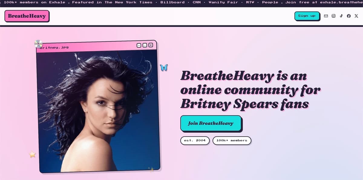 The BreatheHeavy homepage: an online community for Britney Spears fans, 100k+ members